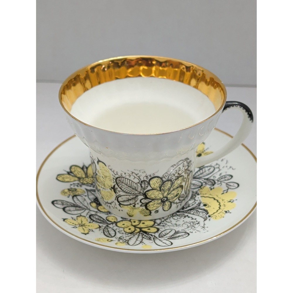 LFZ Vtg Imperial Porcelain Tea Cup & Saucer Russian Lace Gold Yellow Floral
